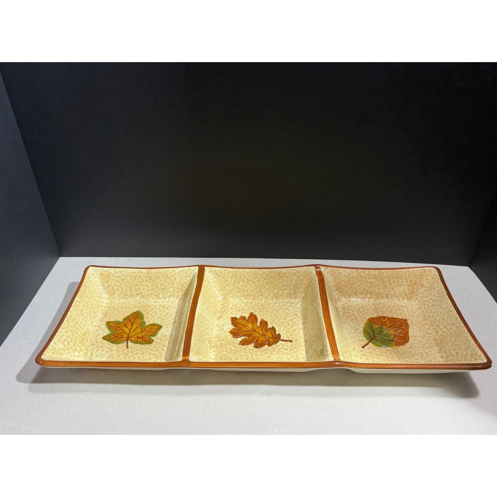 Baum Harvest Leaves 3 Section Divided Server Tray Ceramic Fall Thanksgiving